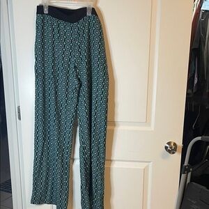 Patterned Teal Blue Green and Black Pants, Large Wide Leg